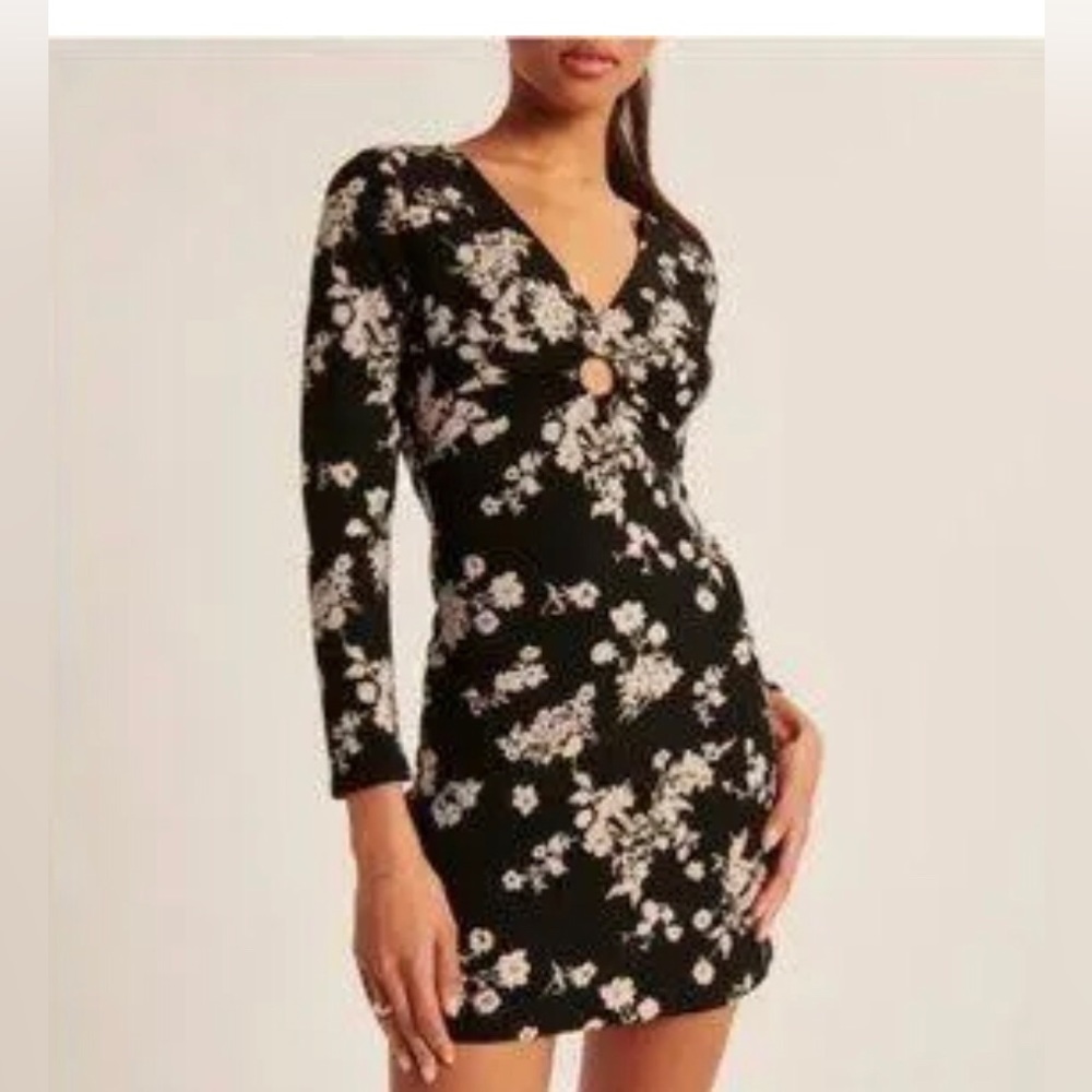 Abercrombie & Fitch Black & Tan Floral KeyHole O-ring V-neck Mini Dress size XS